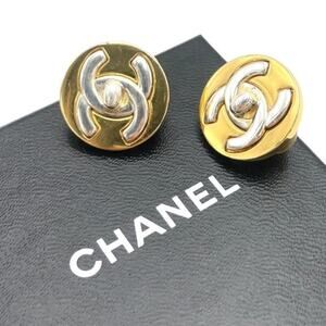 Chanel Vintage Bicolor Turn Lock Coco Earrings Gold Silver W/Box